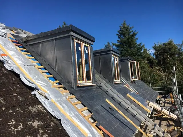 Three lead-clad dormers on a slate roof
